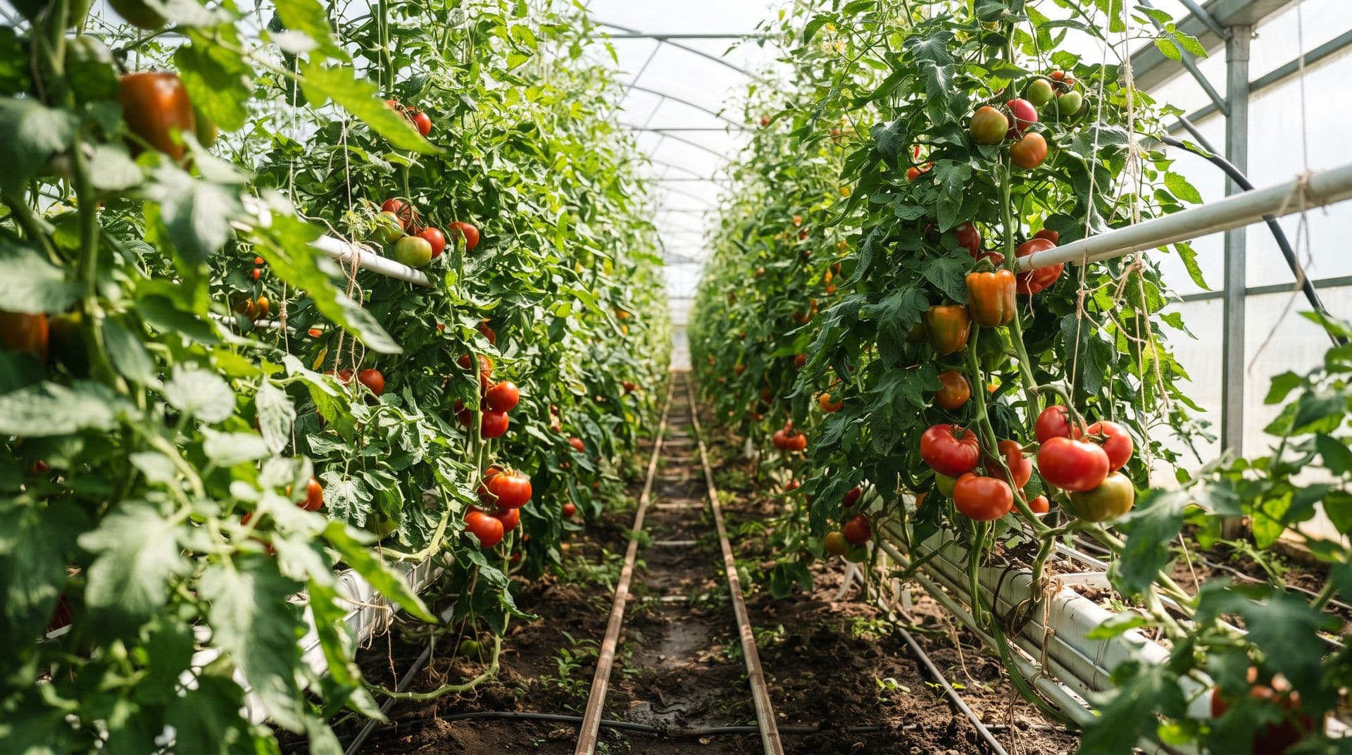 Rows of ripening tomatoes and bell peppers on the vine inside a Jamdaagro greenhouse in Nigeria