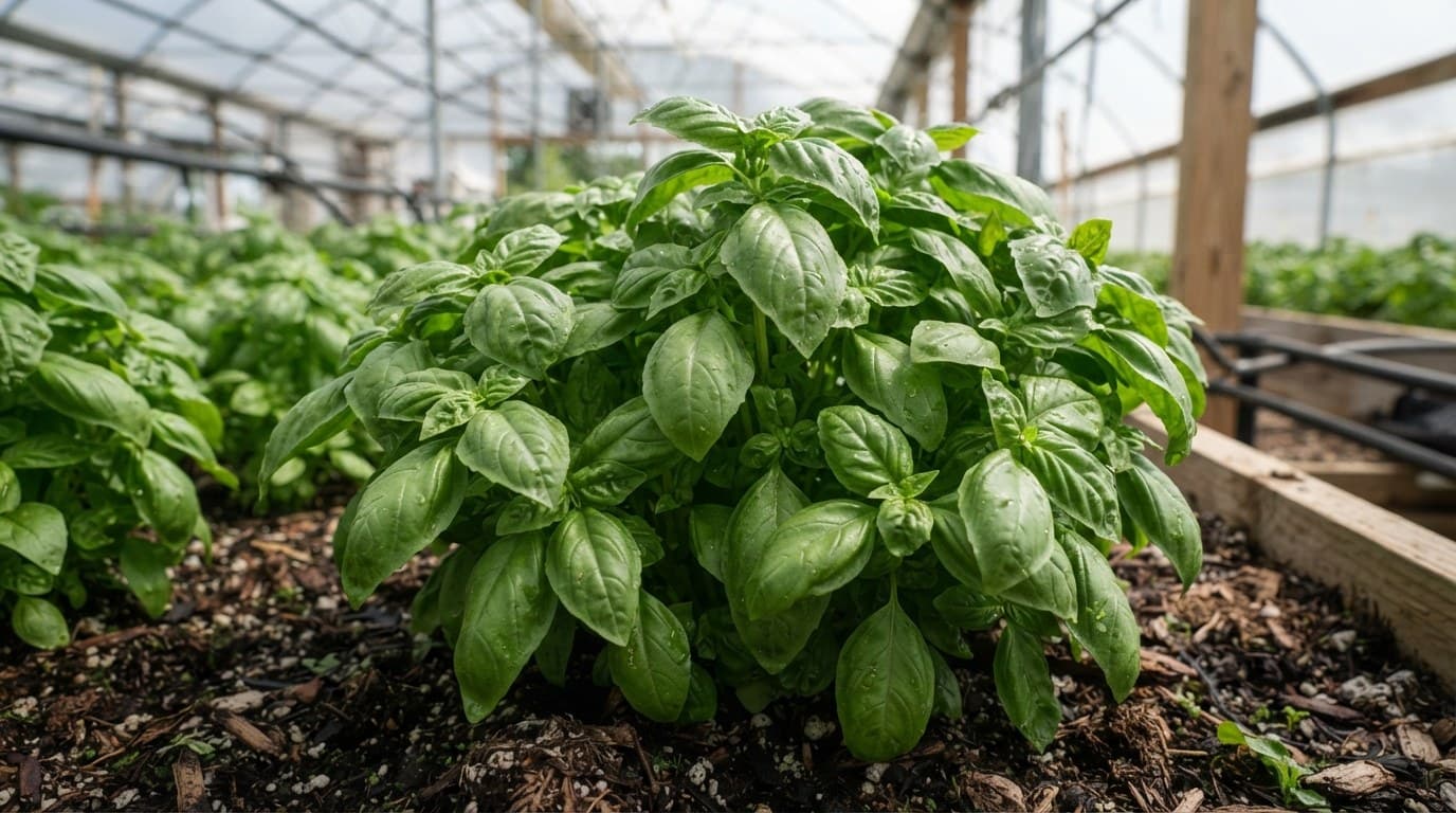 A bushy basil plant growing in the bed of a greenhouse tunnel