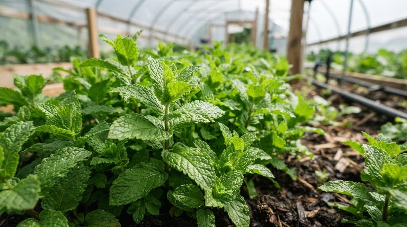 Mint growing in the bed of a greenhouse tunnel