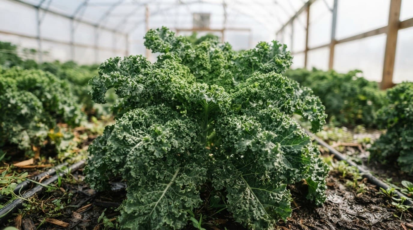 A curly kale plant growing in the bed of a greenhouse tunnel