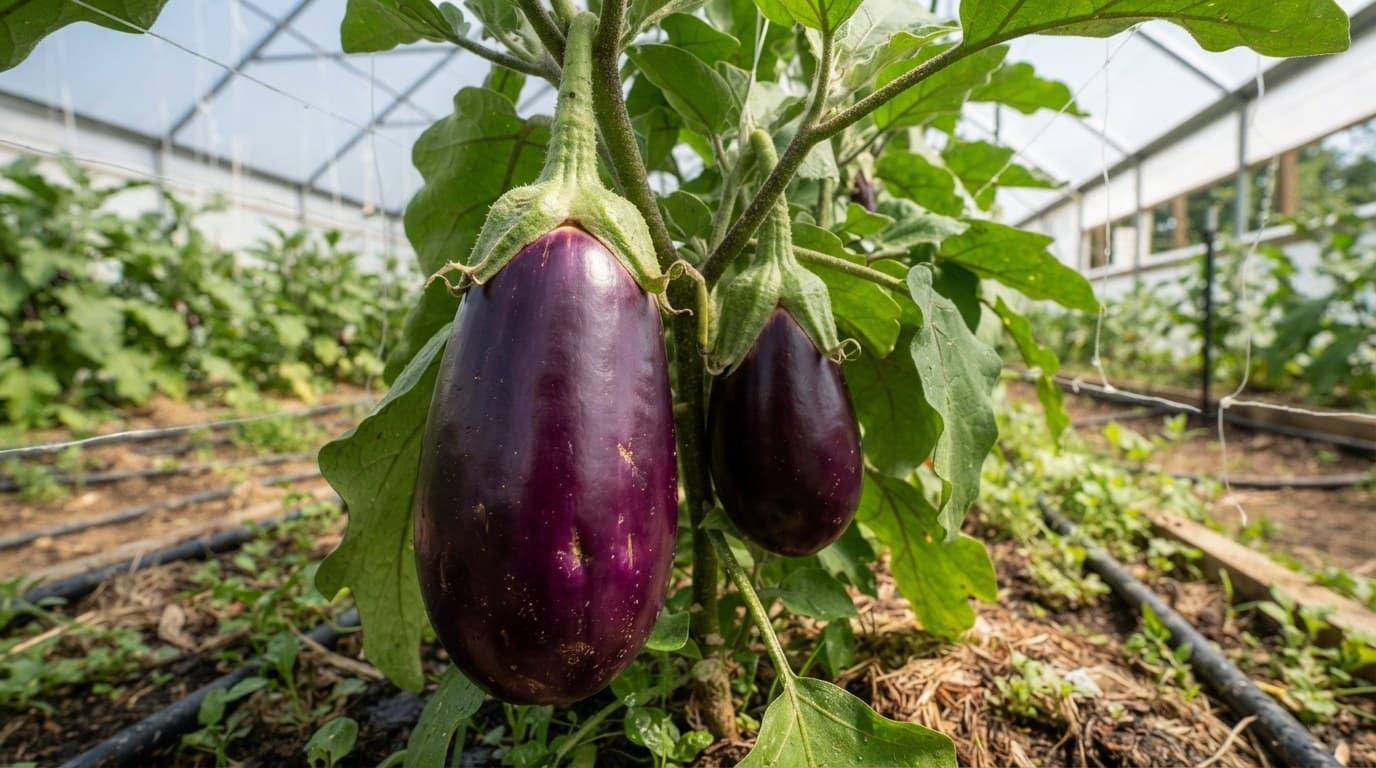 Two dark purple eggplants hanging from the plant in a greenhouse tunnel