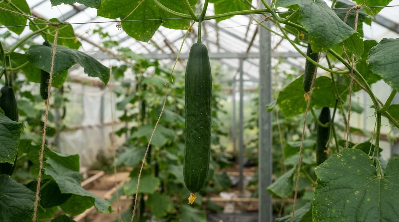 A long cucumber hanging from the vine inside a greenhouse tunnel
