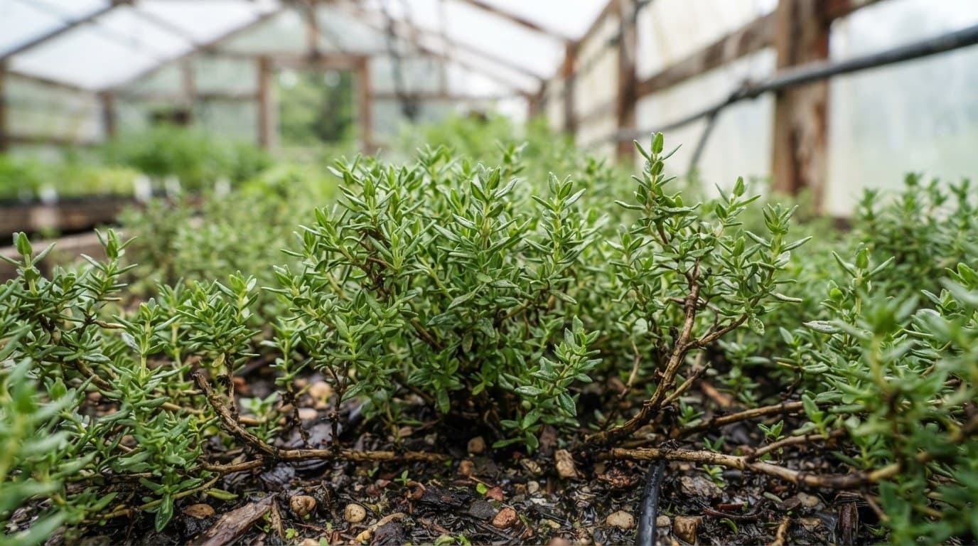 Thyme growing low in the bed of a greenhouse tunnel