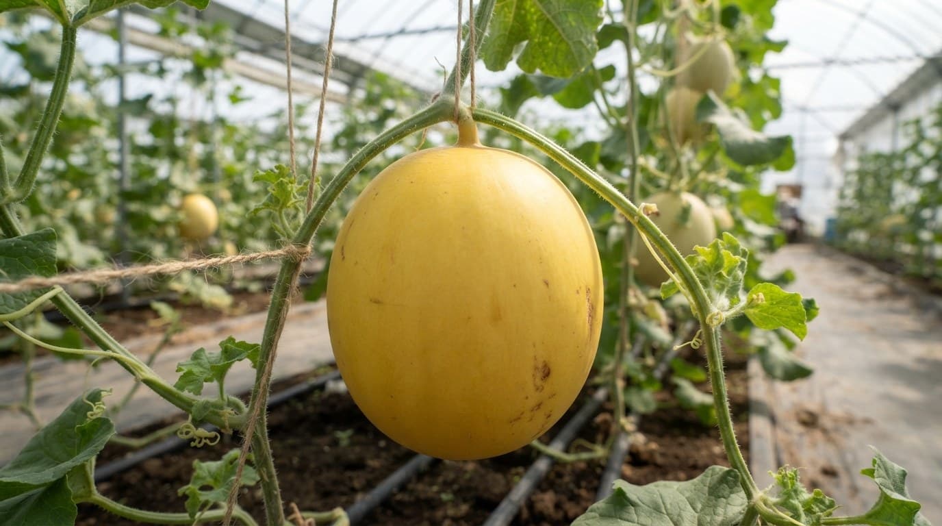 A golden melon ripening on the vine inside a greenhouse tunnel