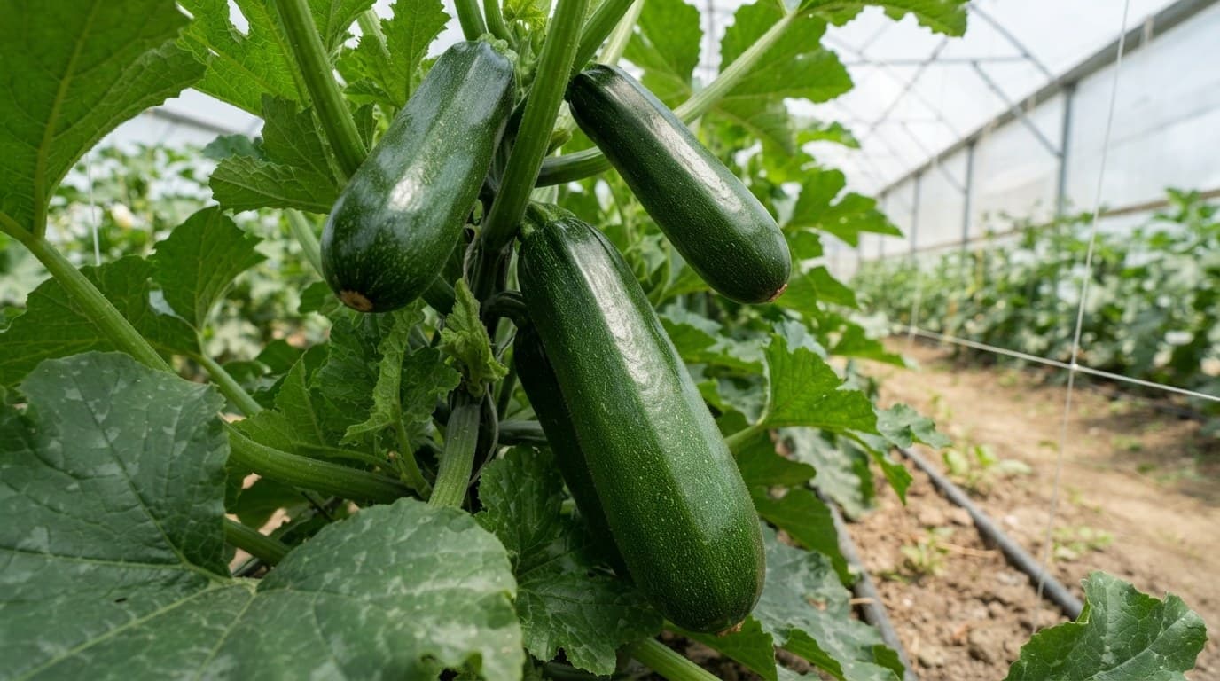 Green zucchini on the plant among broad leaves in a greenhouse tunnel