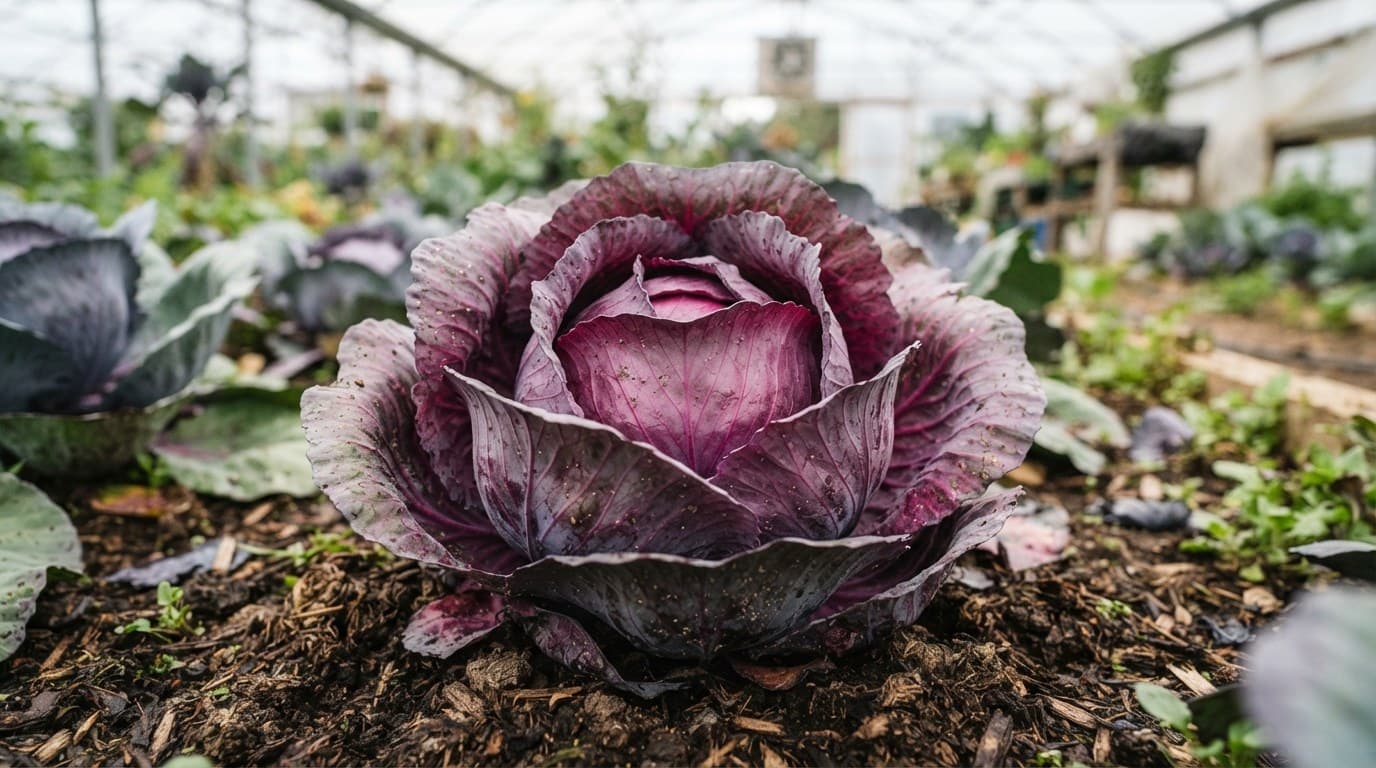 A red cabbage head open in the bed of a greenhouse tunnel