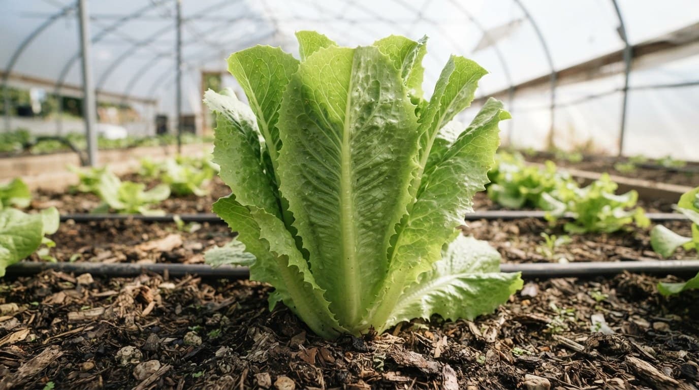 A head of romaine lettuce growing in the bed of a greenhouse tunnel