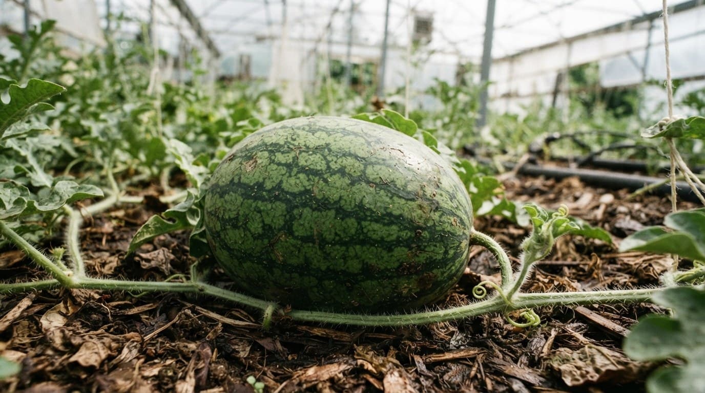 A striped watermelon resting among its vines in a greenhouse tunnel