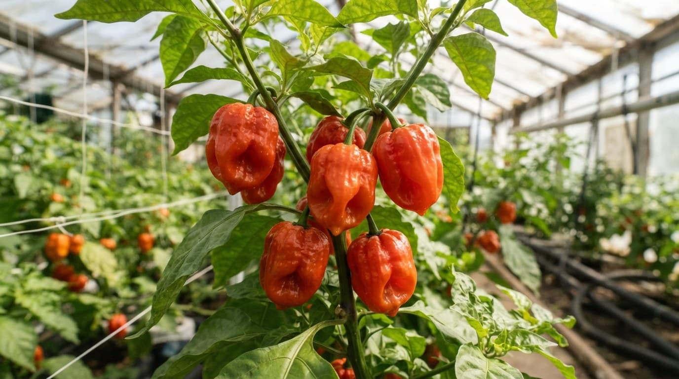 Ripe orange habaneros clustered on the plant inside a greenhouse tunnel