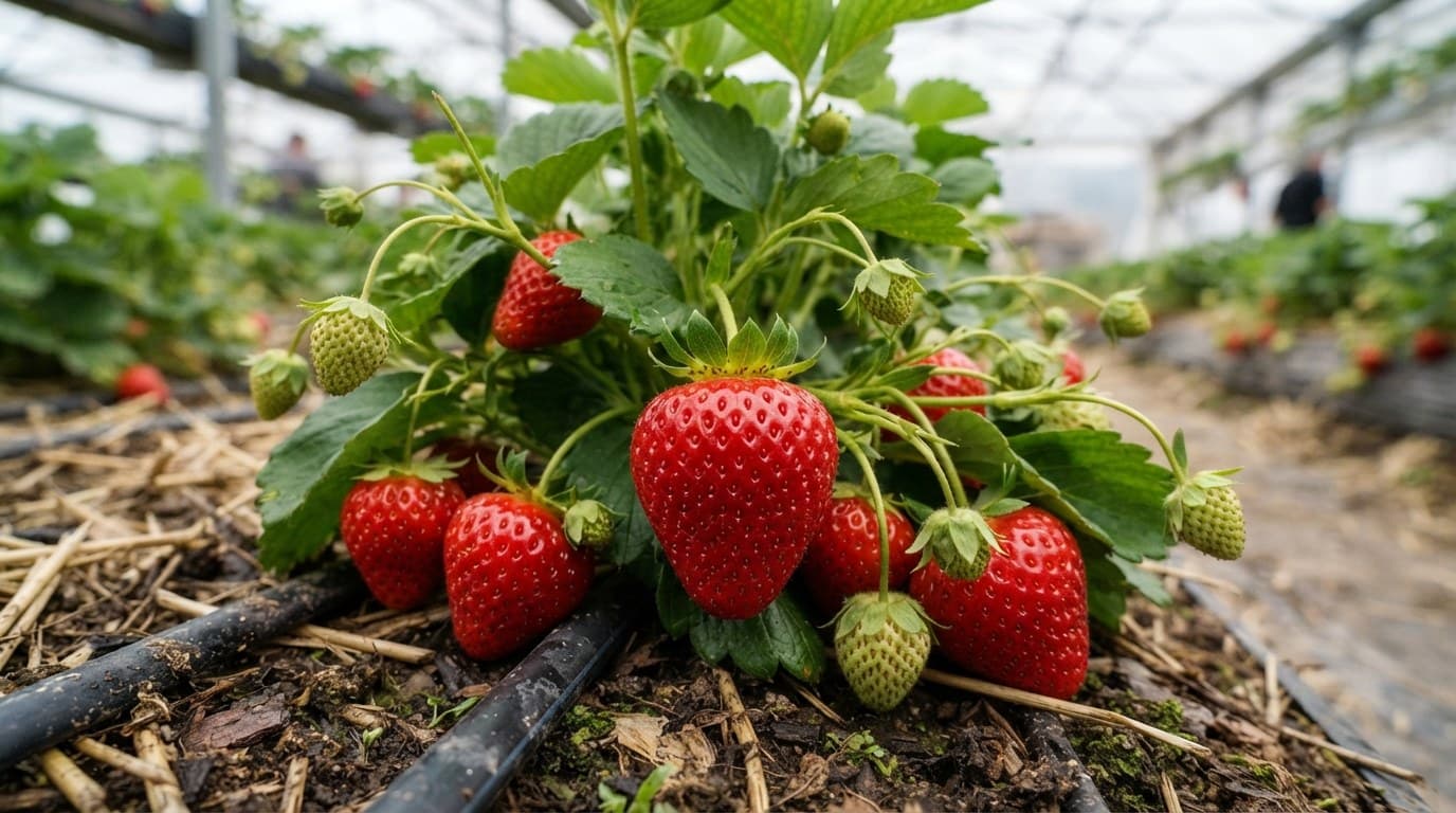 Ripe strawberries on the plant in a greenhouse bed
